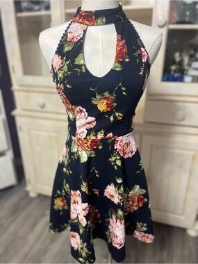 Crystal Doll Navy Floral Halter Skater Dress Fit and Flare Juniors 3 S/M
